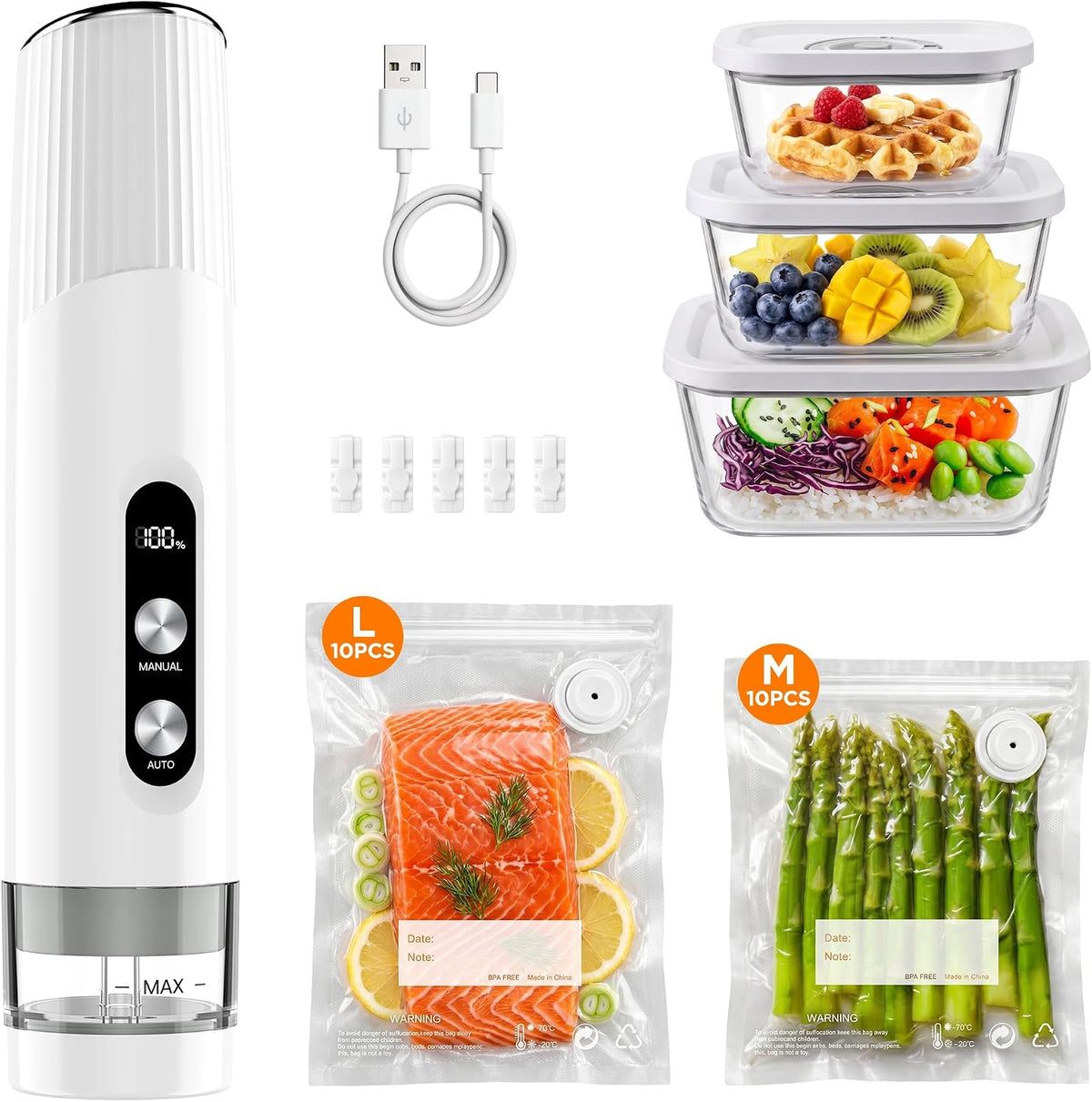 Compact Vacuum Sealer for Food with 3 Glass Containers and 20 Reusable Bags