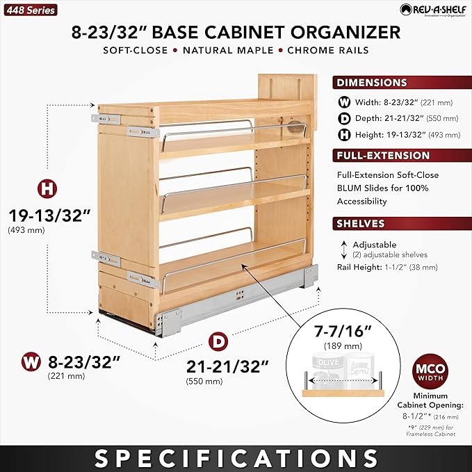 Rev-A-Shelf Maple Wood Door/Drawer Pullout Organizer w/Blum Soft-Close for Full-Height Base Cabinets, Full Extension Slides & Adjustable Shelves, Min Opening Width of 8.5", 448-BDDSC-8C