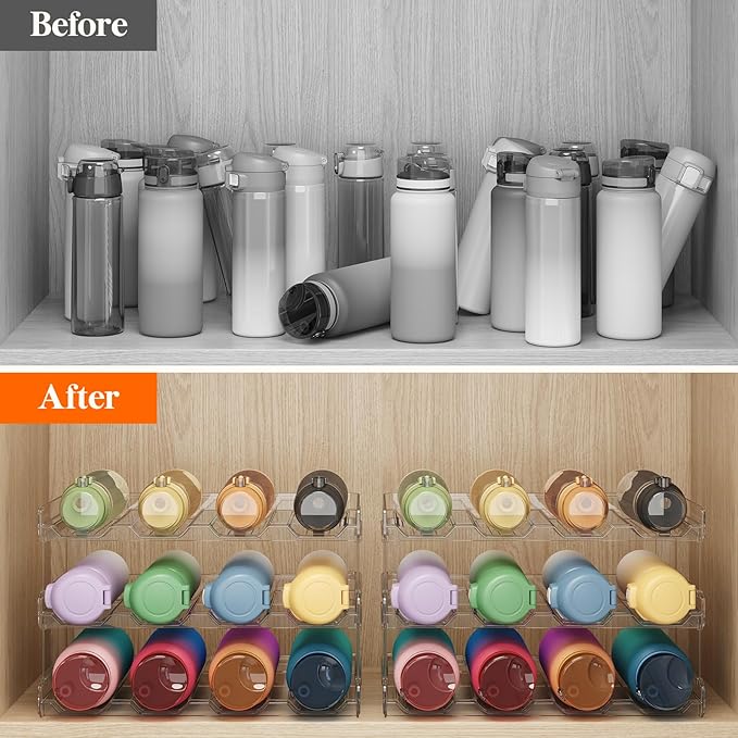 Lifewit Stackable Water Bottle Organizer for Cabinet, Plastic Bottle Holder Fits Bottles/Tumblers up to 3.8" Diameter for Pantry/Countertop, 3 Tier Holds14 Bottles 41 x 20 x 24 cm/16 x 8 x 9.5