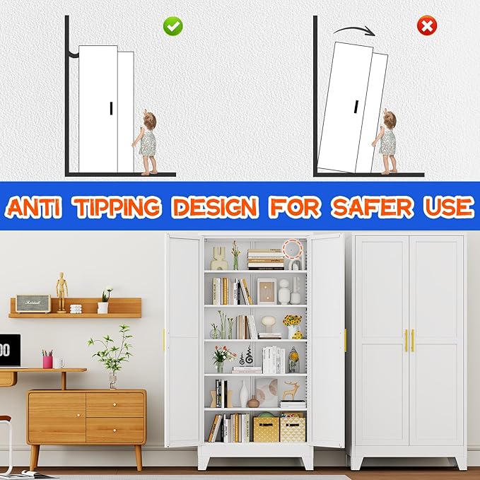 GAIOUS 75.2" Tall Metal Storage Cabinet with 2 Doors and 5 Adjustable Shelves, New upgrade Kitchen Pantry Cabinet, White Freestanding Cupboard, 6 Tier Steel Storage for Office, Kitchen, Dining, Garage