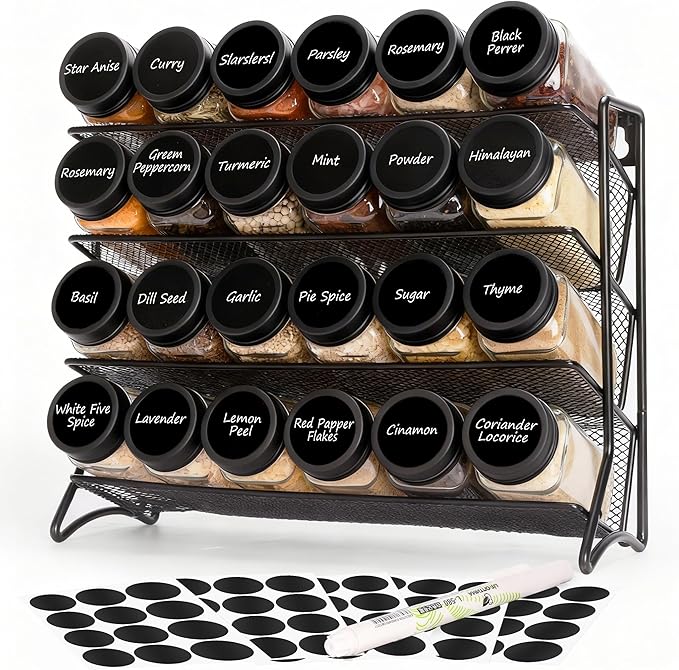 DIDITIME Spice Rack Organizer with 24 Glass Jars and 60 Labels, 4-Tier Seasoning Organizer for Cabinet, Countertop, Pantry or Wall Mount, Rust-Resistant Carbon Steel Spice Jar Set with Marker