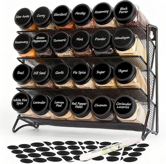 DIDITIME Spice Rack Organizer with 24 Glass Jars and 60 Labels, 4-Tier Seasoning Organizer for Cabinet, Countertop, Pantry or Wall Mount