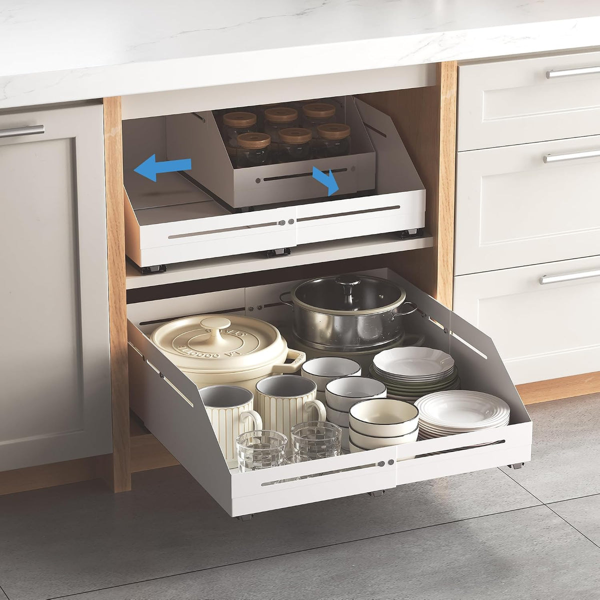 Pull Out Cabinet Organizer 15.8"-23"D&12.5"-21"W Raised Walls White