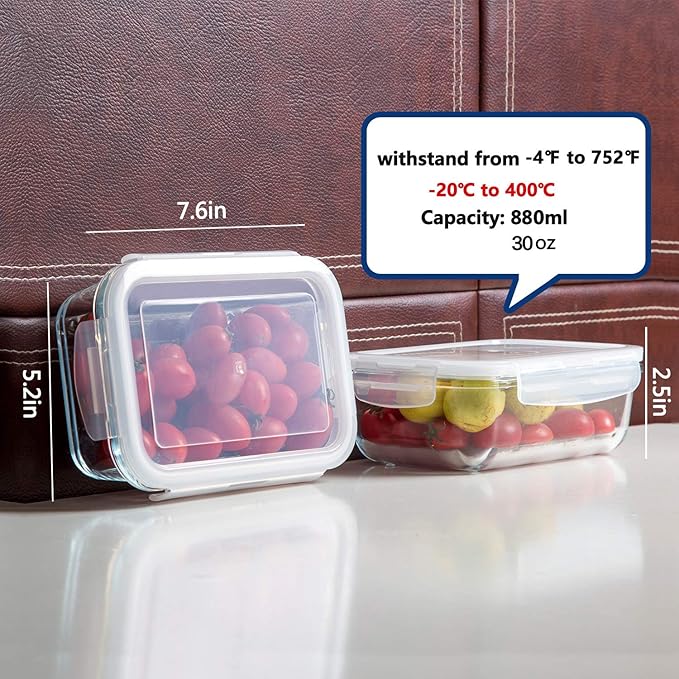 Bayco 8 Pack Glass Food Storage, Meal Prep Containers, Airtight with Lids - BPA-Free & Leak Proof (8 lids & 8 Containers) 30oz