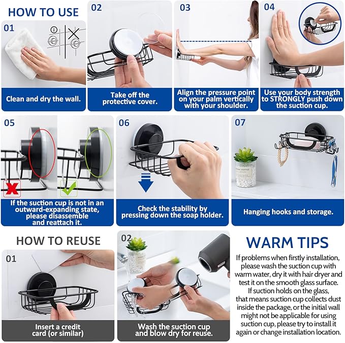 Soap Dish, Soap Bar Holder for Shower Suction Cup with 4 Hooks Wall Mounted, Stainless Steel No-Drilling Removable Waterproof Sponge Holder for Bathroom Bathtub Kitchen Sink, Black