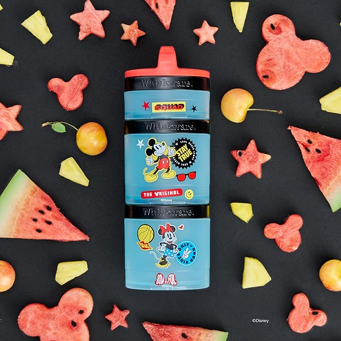 Whiskware Disney Mickey Mouse and Friends Stackable Snack Containers for Babies, Toddlers, and Kids, 3 Stackable Snack Cups for School and Travel, Cupholder Friendly, Squad!
