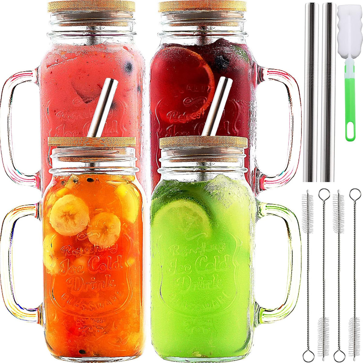 4 Pack 24 OZ Mason Jar Cups with Handle,Reusable Mason Jar Drinking Glasses,Mason Jars Mugs with Bamboo Lids and Stainless Steel Straws,Regular Mouth Glass for Iced Coffee Large Pearl Juices