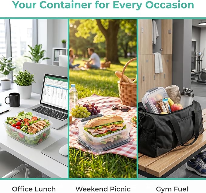YORY 5 cup Plastic Food Storage Containers with Lids Nestable Freezer Dishwasher Safe Rectangle Meal Prep Container Set,5-Pack