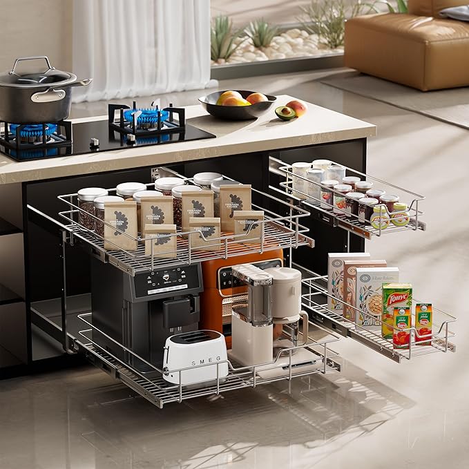 2 Tier Pull Out Cabinet Organizer 9" W X 22" D, Slide Out Drawers for Kitchen Cabinets, Pull Out Drawers for Cabinets Capacity Heavy Duty Caddy, Cabinet Pullout Shelves Chrome-Plated,Bathroom Pantry