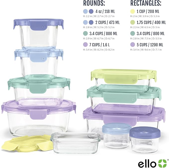Ello Color Lock 8PC Mixed Glass Food Storage Sets, Leak-Proof Glass Food Storage Containers