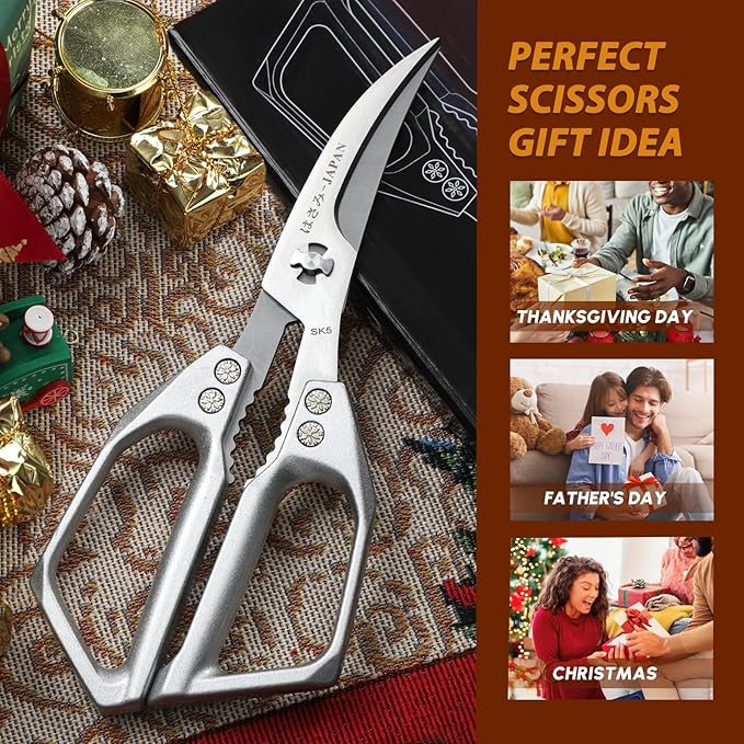 Huusk Seafood Scissors Silver - Stainless Steel Kitchen Shears Dishwasher Safe, Sharp Japanese-Style Kitchen Scissor for Crab, Shrimp, Lobster, Herbs and Food Prep, Gifts for Men Women