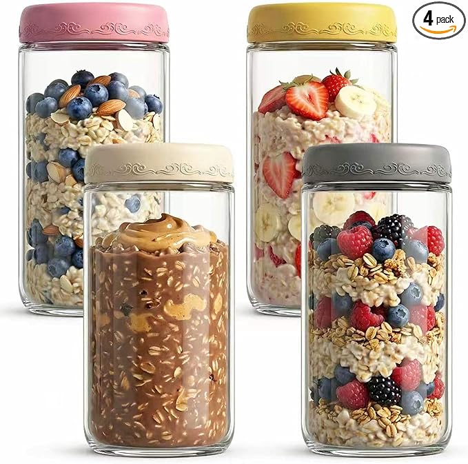 24oz 4Pack Glass Overnight Oats Jars Containers with Airtight Leakproof Lids, Reusable Mason Jars for Meal Prep, Yogurt Parfaits, Smoothies, Salads & Healthy Breakfasts (24 OZ-4-2)