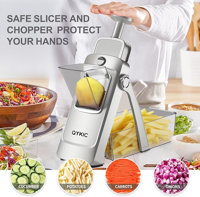 8 in 1 Mandoline Slicer for Kitchen, Vegetable Chopper, Potato Slicer, Fry Cutter Onion Chopper with Drain Basket Food Container with Lid, Stainless Steel Cheese Grater for Quick Meal Pre (Gray)