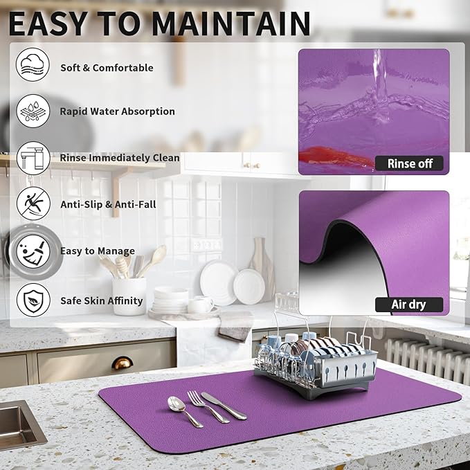 HotLive Dish Drying Mat for Kitchen Counter, Heat Resistant Drainer Mats with Non-slip Rubber Backed, Hide Stain Kitchen Super Absorbent Draining Mat, Easy to Clean Dish Rack Pad, Purple 18"x28"