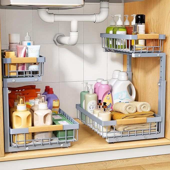 PXRACK Under Sink Organizer, Adjustable Height, 2 Tier Pull Out Under Cabinet Organizer, Slide Out Thickened Metal Under Sink Storage for Kitchen Bathroom Laundry Pantry Cabinet, Grey, Large-2-Pack