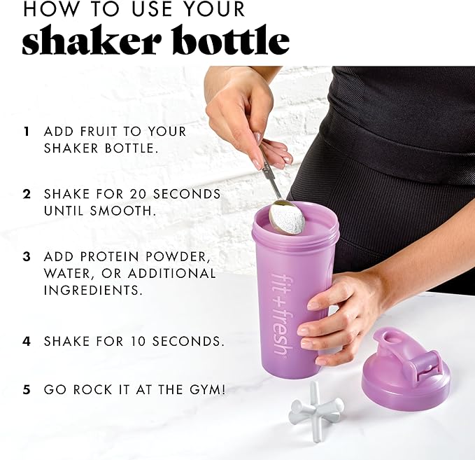 Fit & Fresh Shaker Bottle, Leak Proof Sports Blender Bottle for Protein Mix For Women, Durable Protein Shaker Cup 24 oz.with Unique Agitator for Smooth Mixing, Mauve