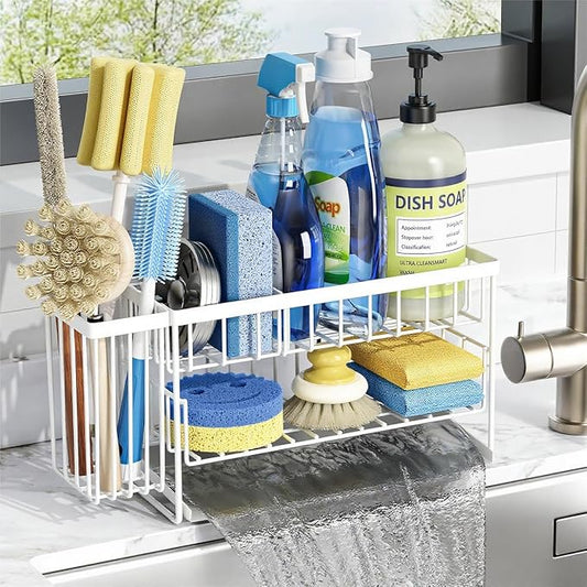 Cisily White 2-Tier Kitchen Sink Caddy Organzier Rack with Flexible Dish Brush