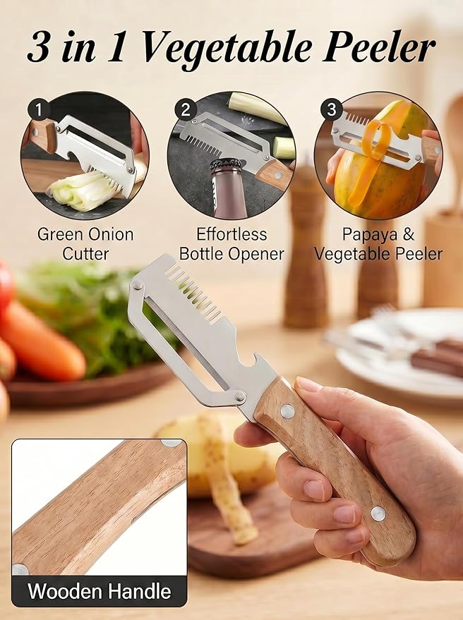 3 in 1 Multifunction Vegetable Peeler + Bottle Opener + Grater with Wooden Handle, Stainless Steel Hand Held Peeler for Potato, Pumpkin, Carrot, Fruit and Vegetable Peeler for Kitchen 1 Pcs