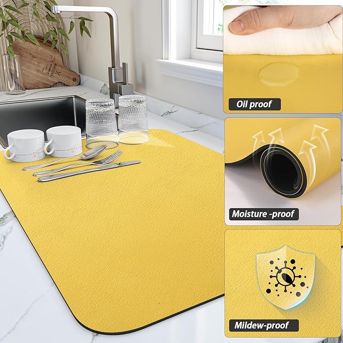 HotLive Dish Drying Mat for Kitchen Counter, Heat Resistant Drainer Mats with Non-slip Rubber Backed, Hide Stain Kitchen Super Absorbent Draining Mat, Easy to Clean Dish Rack Pad, Yellow 18"x32"