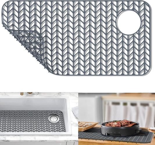 Sink Protectors for Kitchen Sink,Kitchen Sink Protector Mat - 28.6" x 14.5" Heat-Resistant Silicone Folding Non-Slip Mat for Stainless Steel Sink with Right Drain (Grey)