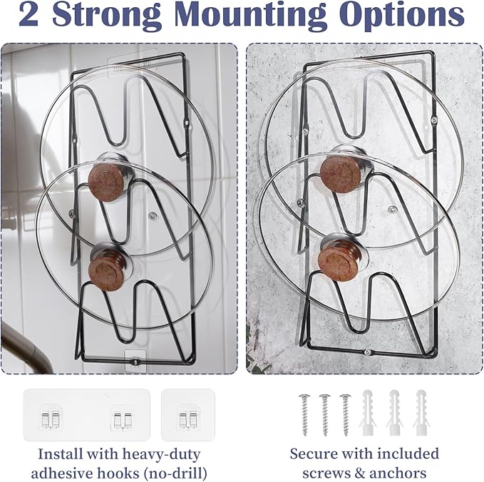 4-Pack Pot Lid Organizer – Heavy-Duty Metal Total 12 Tier Lid Rack for Cabinet, Wall, or Door, No-Drill Adhesive Mount – Space-Saving Kitchen Storage (Black)