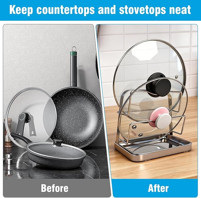 304 Stainless Steel Pot Lid Organizer & Spoon Rest, Pot Lid Holder Storage Rack for Kitchen Countertop, Multifunctional Stove Top Pot Cover Stand While Cooking