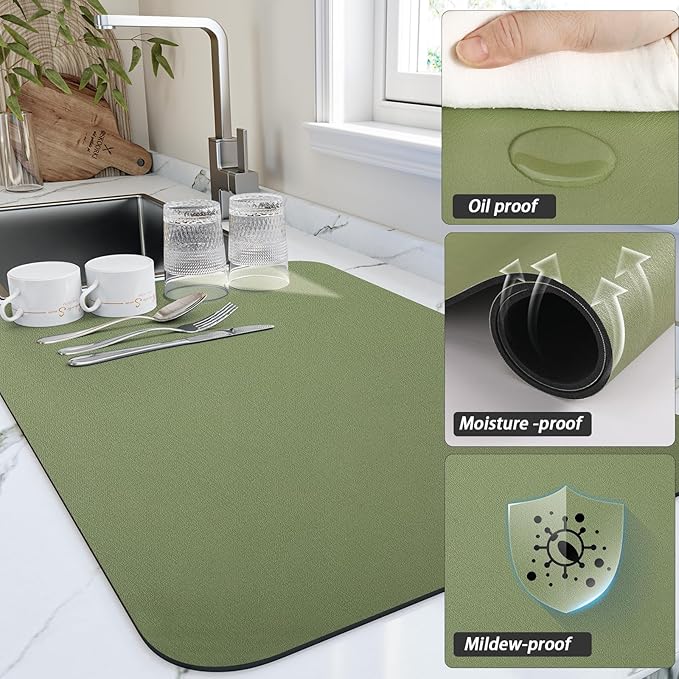 HotLive Dish Drying Mat for Kitchen Counter, Heat Resistant Drainer Mats with Non-slip Rubber Backed, Hide Stain Kitchen Super Absorbent Draining Mat, Easy to Clean Dish Rack Pad, Green 18"x32"