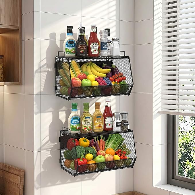 1 SET Magnetic Shelf for Fridge with Lid, Fruit Potato and Onion Storage Bins, Pantry Organizers and Storage, Large Container Magnetic Spice Rack for Refrigerator, Kitchen Counter & Cabinet