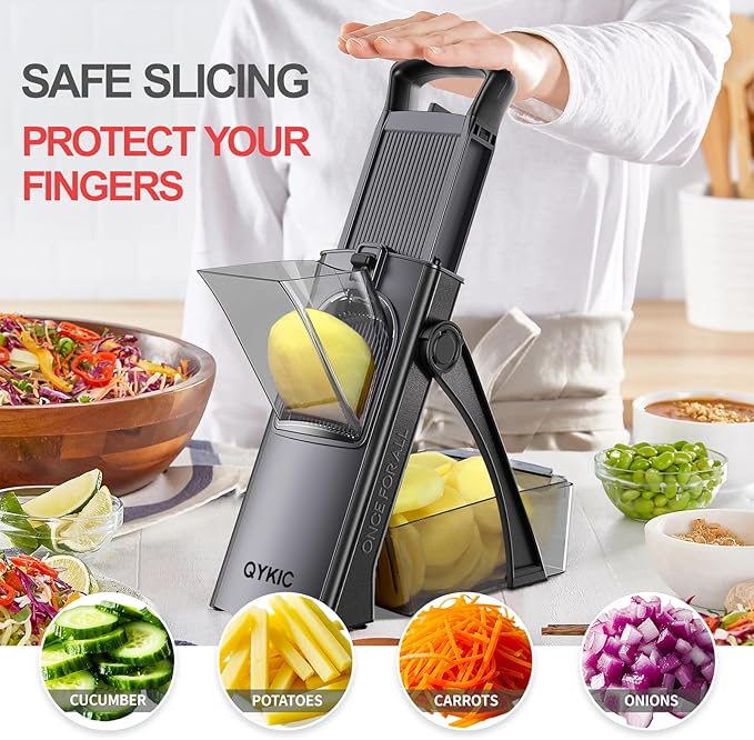 QYKIC Upgrade Safe Mandoline Slicer for Kitchen, Vegetable Chopper and Slicer, Potato Slicer Thickness Adjuster, French Fry Cutter, Veggie Onion Dicer Faster Kitchen Mandolin for Meal Prep