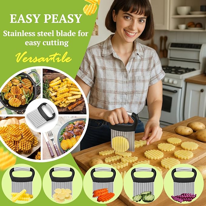 FANTEXY Crinkle Cutter for Veggies, Stainless Steel French Fry Cutter for Potatoes Cucumbers Carrot, Wavy Chopper Waffle Fry Cutter, Black