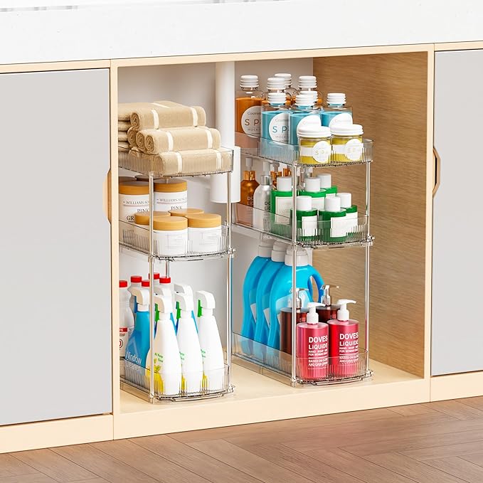 Yieach 2 Pack 13.8″ Deep 3 Tier Under Sink Storage Organizer,Large Pull Out Bathroom Organizers and Storage,Slide Out Acrylic Undersink Storage Shelf,Kitchen Under Sink Organizer for Cleaning Products