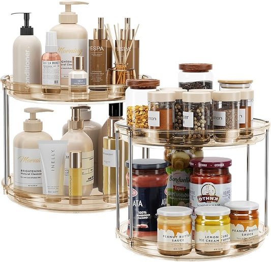 2 Pack 2 Tier Lazy Susan Turntable Organizer 9.25'' Rotating Spice Rack, Amber