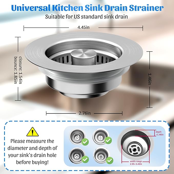 NinjaTiger Kitchen Sink Drain Strainer - 2-Pack Stainless Steel Sink Stopper 3-in-1 Pop-Up Sink Strainer with Anti-Clogging Basket Odor Filter Sink Drain Cover Plug for US Standard 3-1/2 Inch Drain