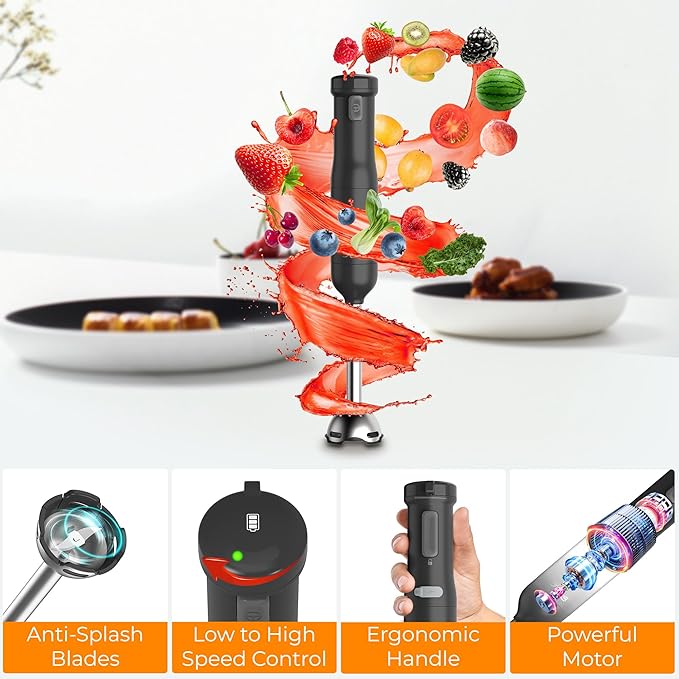 Rosewill 6-in-1 Multi-Speed Cordless Rechargeable Immersion Hand Blender, Heavy Duty Motor - Stick Blender, Beaker, Whisk, Chopper, Dual Beater, Milk Frother - For Smoothies, Baby Food, Soup - Black