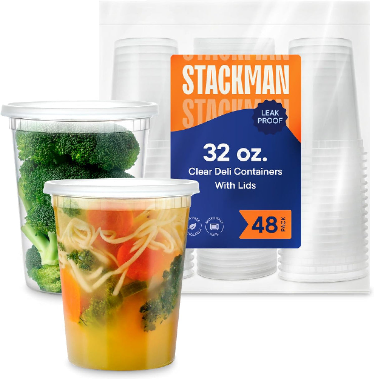 Soup Containers with Lids [48 Sets -32 oz.] Quart Plastic Deli Container - Deli Food Storage Containers with Airtight Lids for Freezer & Restaurant Takeout
