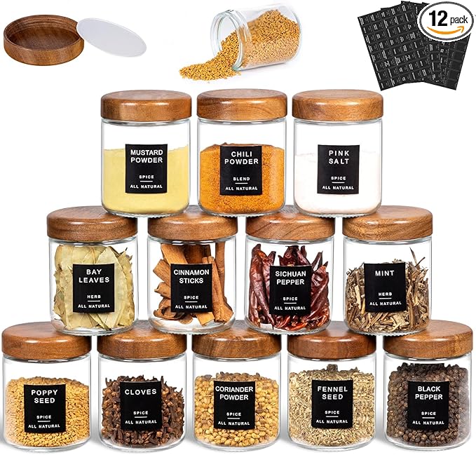 Yangbaga Glass Spice Jars with Labels: 12pc 8oz Round Seasoning Storage Containers with lid,Pepper Grinder,Funnel; Empty Spice Organizer Bottles for Kitchen Rack Drawer Cabinet