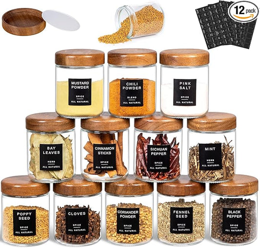 Yangbaga Glass Spice Jars with Labels: 12pc 8oz Round Seasoning Storage Containers with lid,Pepper Grinder,Funnel; Empty Spice Organizer Bottles for Kitchen Rack Drawer Cabinet