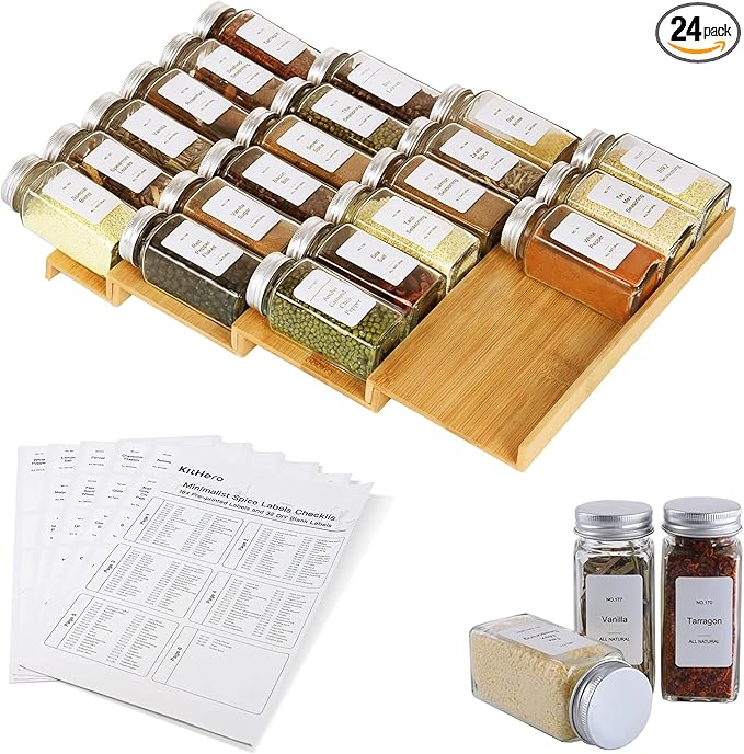 Spice Drawer Organizer with 24 Spice Jars,216 Labels,25 Non-slip Rubber, Bamboo 4 Tier Seasoning Rack Tray Insert for Kitchen Drawers,Cabinets,Countertop,11" Wide x 15.8" Deep