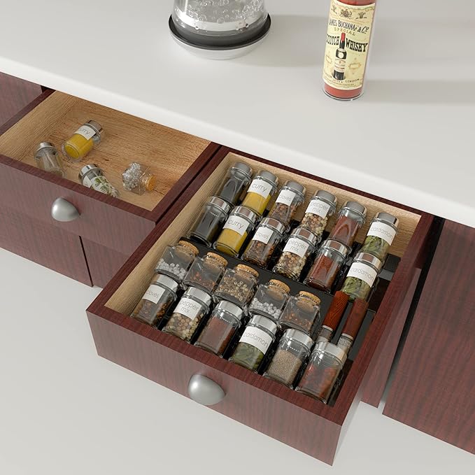 Sezanrpt Adjustable Acrylic Spice Drawer Organizer Rack, Spice Drawer Organizer Shelf Expandable From 8 Inch to 16 Inch, Acrylic Drawer Organizer for Seasoning Jars