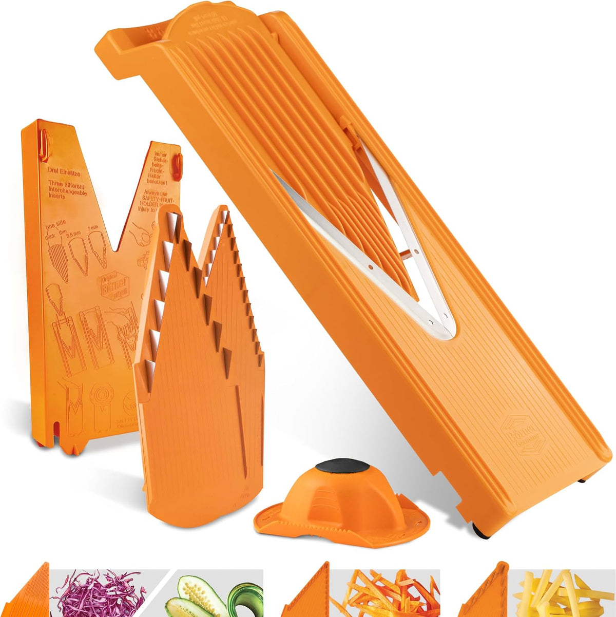 Mandoline Slicer V3 (Starter Set) • V-Slicer for 5 Cutting Styles with Fruit Holder • Adjustable Vegetable Slicer for Vegetables & Fruits • Stainless Steel V-Blade • Color: Orange