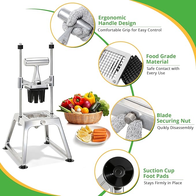 Commercial Vegetable Chopper & French Fry Cutter, Stainless Steel Manual Dicer, 3 Blades (1/4", 3/8", 8-Wedge), Suction Base, Fast Tomato Onion Potato Cutter for Restaurant & Home Kitchen