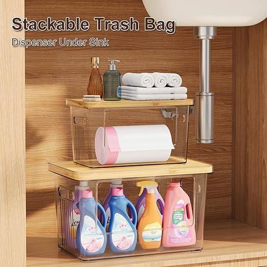 2 Pack Trash Bag Holder with Bamboo Lid, Stackable Acrylic Trash Bag Dispenser Roll Holder Under Sink, Plastic Container Garbage Bags Storage Organizer for Kitchen, Pantry, Laundry Room Organization
