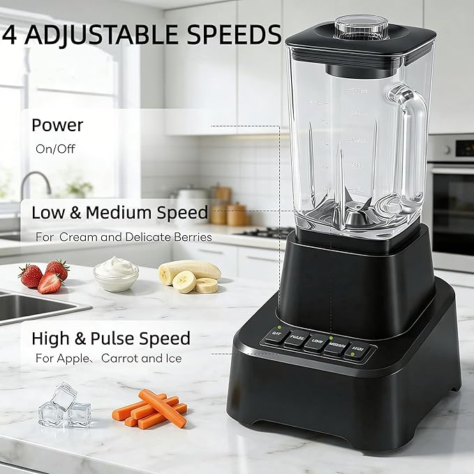 Simple Deluxe Blender for Smoothies, 850W Powerful Countertop Blender for Kitchen, 54oz Large Glass Pitcher, 4 Speeds with Pulse for Ice Crushing, Frozen Fruits, Juicers, Dishwasher Safe, Black