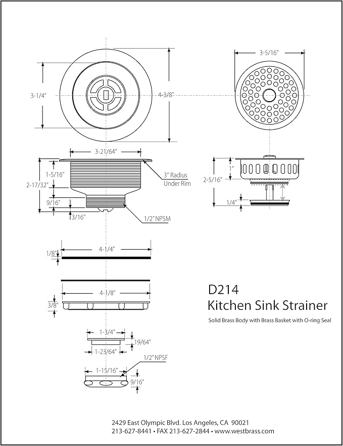 Westbrass D214-51 3-1/2" Post Style Large Kitchen Sink Basket Strainer, Powder Coat Almond