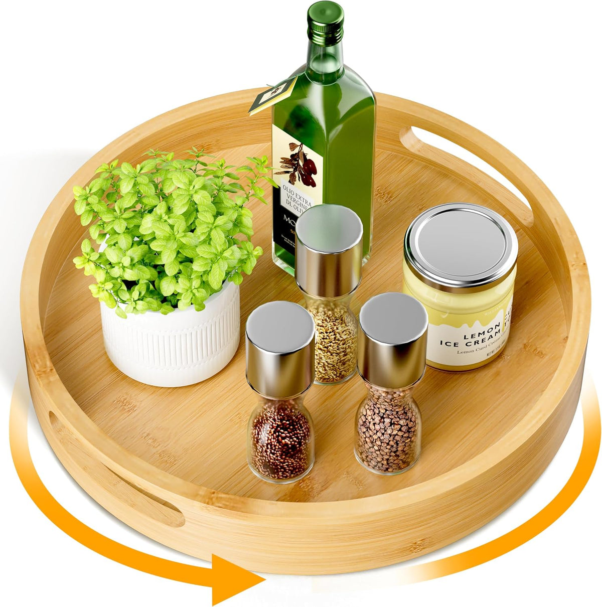 Lazy Susan Organizer 12 Inch Non-Skid Bamboo Lazy Susan for Kitchen Rotating Spice Rack with Handles, Wood Turntable for Kitchen Cabinet,Countertop (Bamboo, Medium)