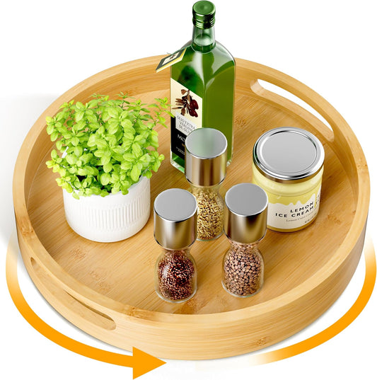 Lazy Susan Organizer 12 Inch Non-Skid Bamboo Lazy Susan for Kitchen Rotating Spice Rack with Handles, Wood Turntable for Kitchen Cabinet,Countertop (Bamboo, Medium)