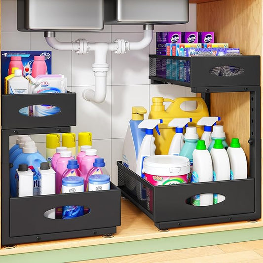 Under Sink Organizer, 1-Pack Pull Out Cabinet Organizer 2 Tier Metal Slide Out Storage Shelf Rack, L-Shaped Adjustable Height,Mesh Sliding Drawer for Kitchen, Bathroom, Laundry, Pantry, Black, XL