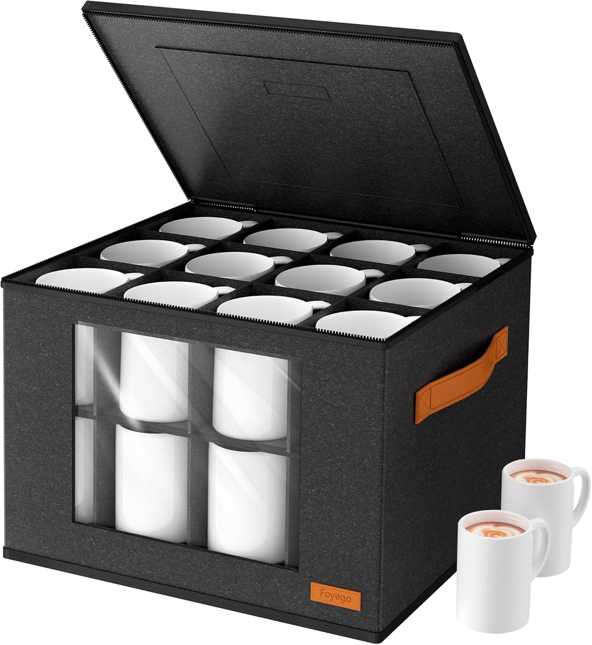 Cup and Mug Storage Box with 24 Dividers, Dark Gray, 2-Layer