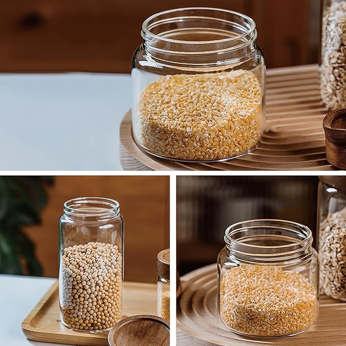 3 Pack 17 fl oz/500ml Clear Glass Storage Canister with Airtight Wooden Screw On Lid, Small Cute Decorative Glass Container Jar Set for Coffee, Candy, Cookie, Condiment, Pepper, Sugar, Oatmeal