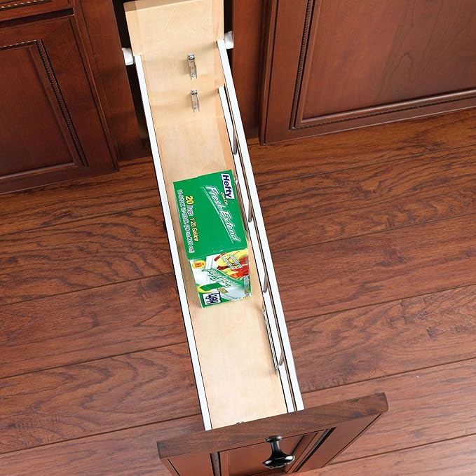 Rev-A-Shelf 5" Pullout Wooden Bakeware Organizer w/Ball Bearing Soft-Close for Full Height Base Kitchen Cabinets, Foil Wrap/Tray Divider, Min Opening Width of 5.5", 447-BCBBSC-5C